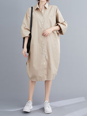 Solid Lapel Puff Sleeves Shirt Dress