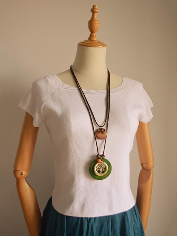 Wood Two-Pieces Tree&Bowknot Pendant Necklace