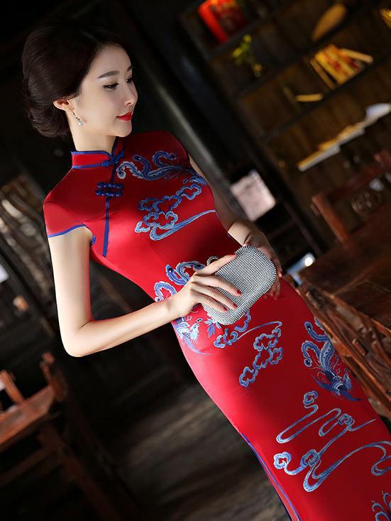 Red Split-side Printed Long Cheongsam