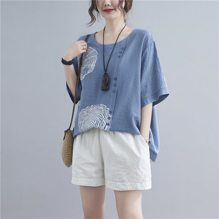 Women Irregular Print Casual Loose T-Shirt