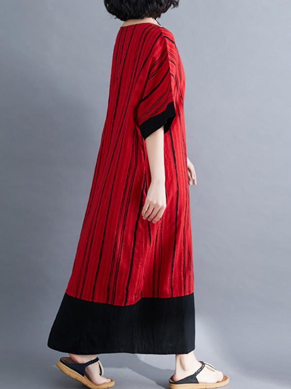 Loose Striped Split-Joint Cotton Dress