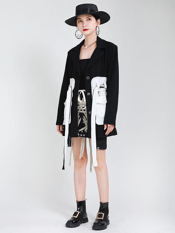 Black&White Split-Joint Lapel Belted Outwear