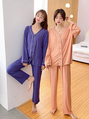 Two Pieces Solid Color Loose Comfort Tops And Pants Pajamas