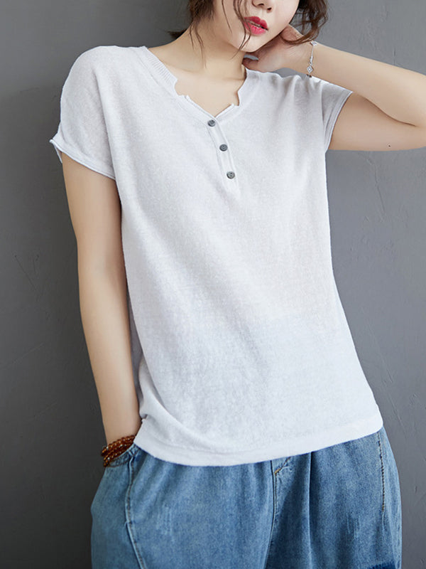 Women Solid Color V-Neck Buttoned Loose Short Sleeve T-Shirt