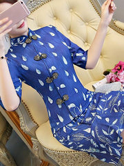 New Blue Chiffon Mermaid Short Cheongsam