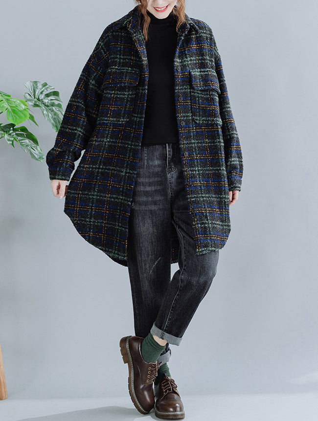 Large Size Loose Mid-Length Plaid Thick Woolen Coat