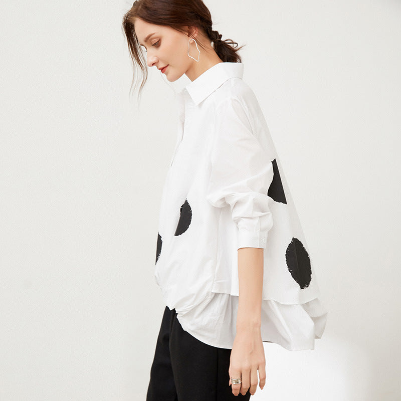 Polka-Dot Printed Loose Long-Sleeve Shirt