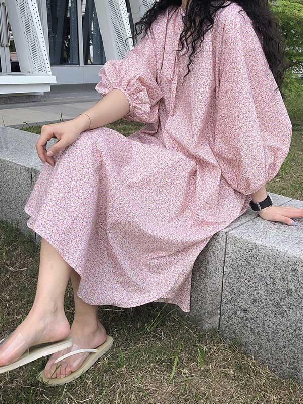 Loose Puff Sleeve Floral Midi Dress