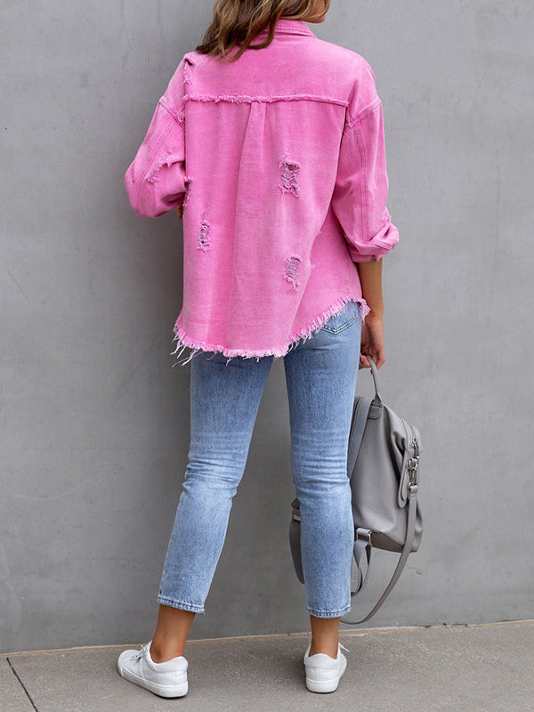 Long Sleeves Loose Fringed Pockets Lapel Outerwear