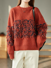 Vintage Jacquard Tassel Round Neck Knitted Loose Sweater