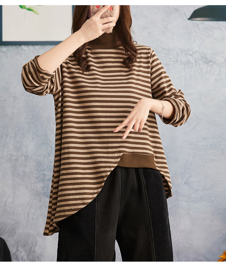 Women Striped High Neck Loose Bottoming Shirt
