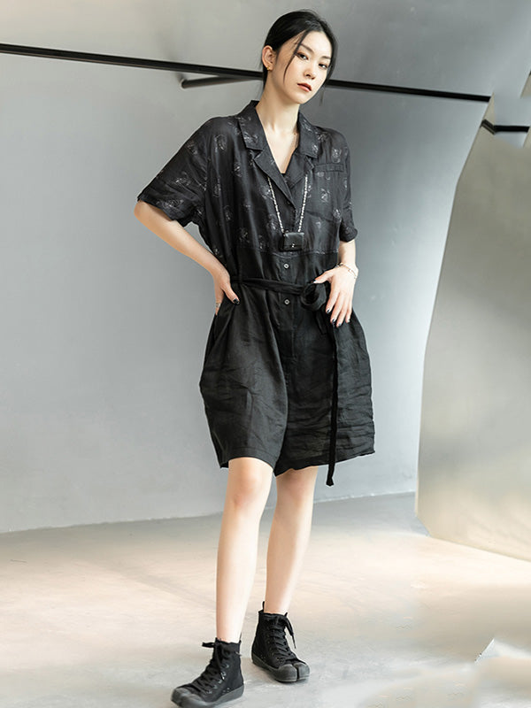 Urban Black Linen Stamped Notched Collar Rompers