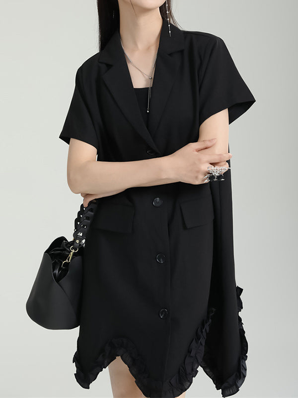 Irregular Clipping Short Sleeves Pure Color Notched Collar Mini Dresses