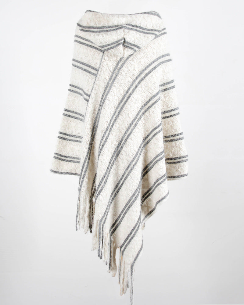 Casual Striped Knitted Hooded Shawl Sweater