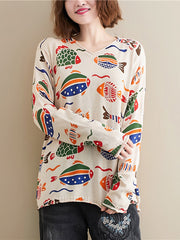 Women Retro Print Loose Knit Sweater