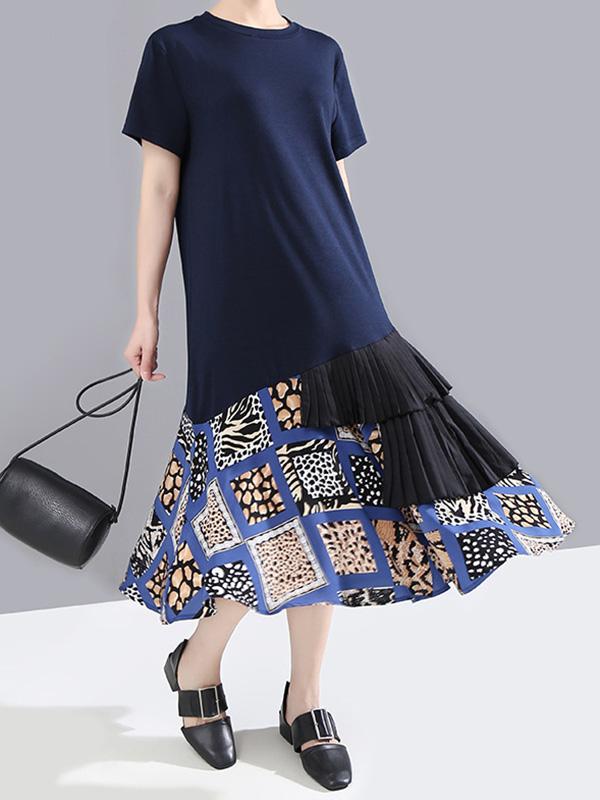 Splicing Cropped Floral Round Neck Dress