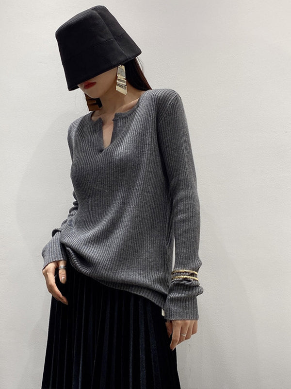Women Pullover Solid Color Slim Fit V-Neck Sweater