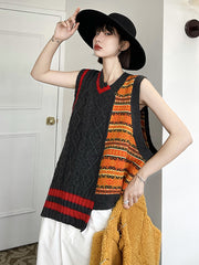 Irregular Contrast Color V-Neck Design Knitted Vest