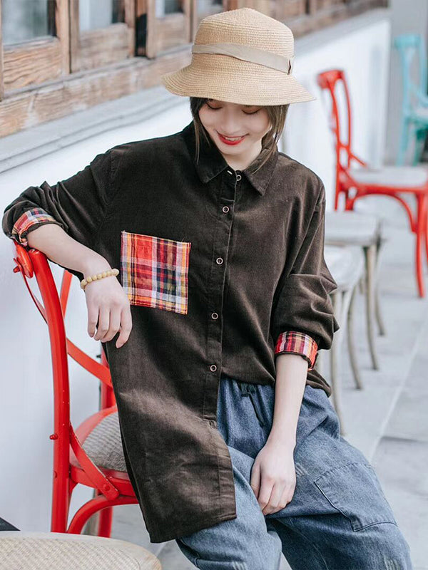 Women Retro Patch Loose Casual Shirt