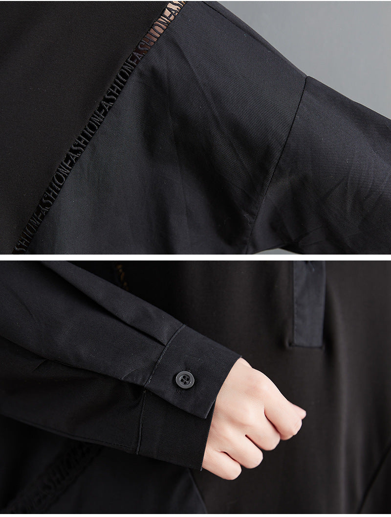 Solid Color Stitching Long-Sleeved Shirt Midi Dress