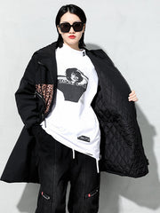 Zipper Stitching Leopard Print Hooded Puffer Long Coat