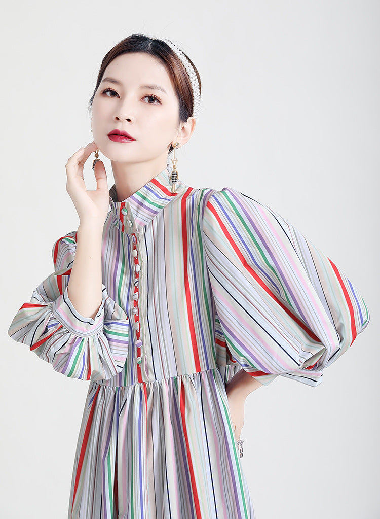 Women Japanese Retro Color Matching Striped Puff Sleeve Dress