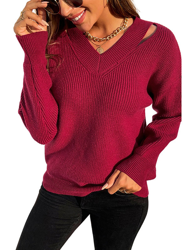 Classic Solid Color Knit V-Neck Sweater