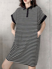 Roomy Short Sleeves Contrast Color Split-Joint Striped Lapel Mini Dresses