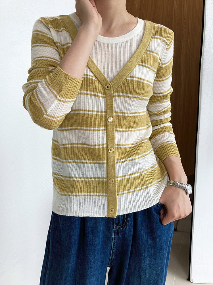 Fake Two Striped Knitted Long Sleeve Sweater Top