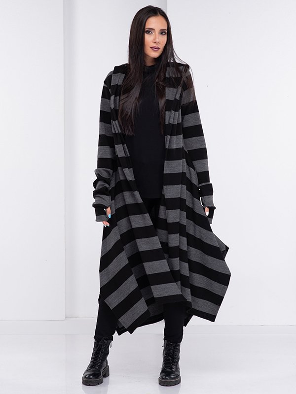 Women Striped Hooded Loose Casual Coat