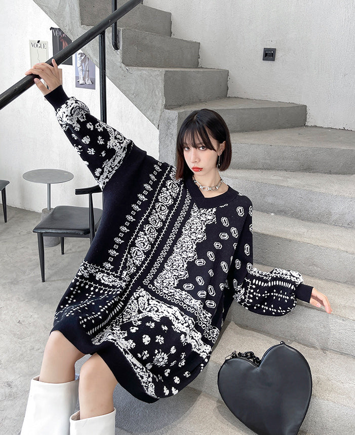 Loose Mid-Length Jacquard Retro Knitted Sweater