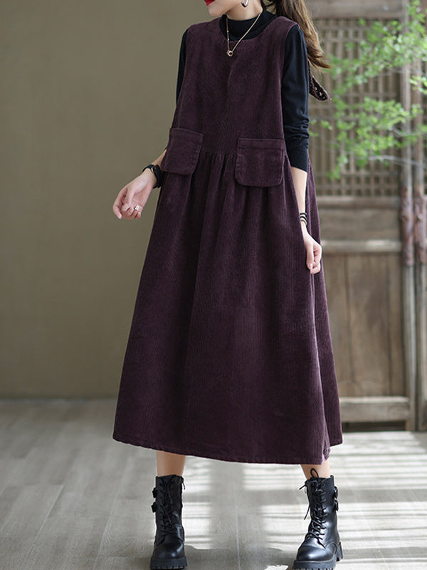 Round Neck Solid Loose Corduroy Midi Dress