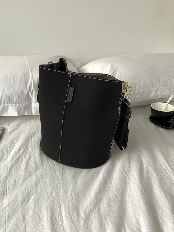 Solid Color Casual Wide Shoulder Straps Frosted Bucket Bag