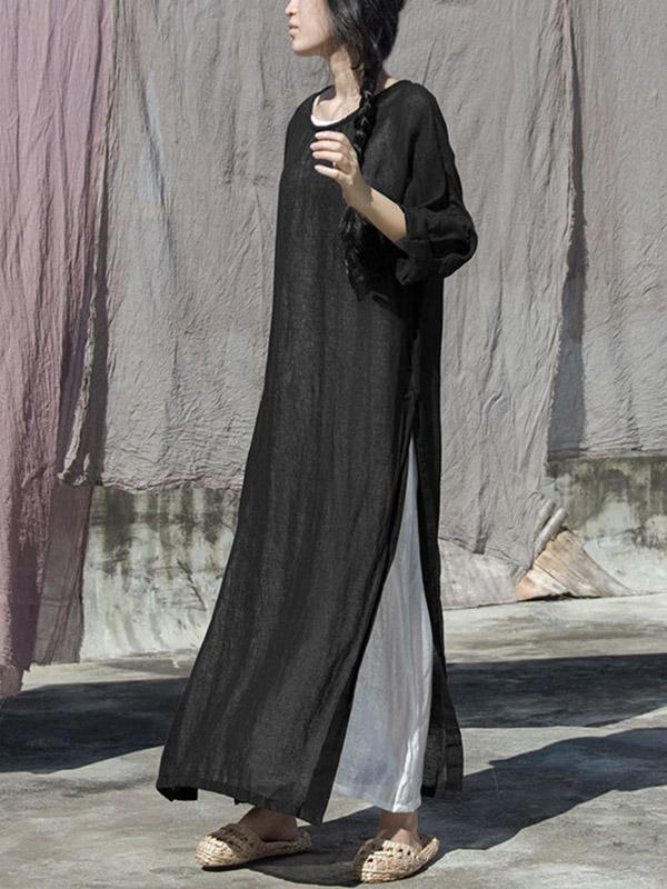 Vintage Solid Color Breathable Split-Side Dress