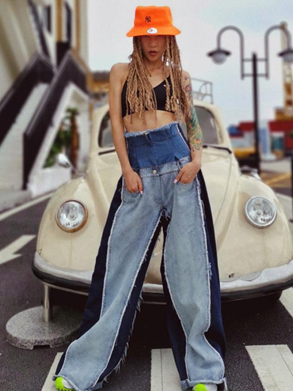 Stylish Empire Fringed Stitching Wide-Leg Jean Pants