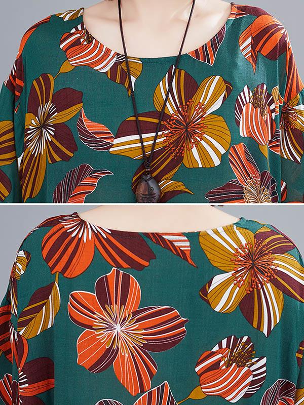 Vintage Floral Round-Neck Short Sleeve Dress