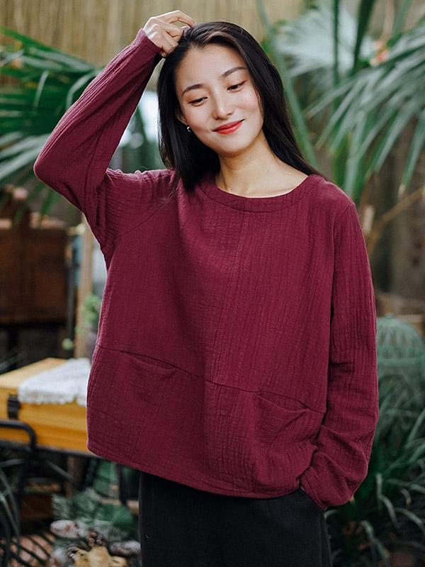Loose High-Low Pleated Round Neck T-Shirt