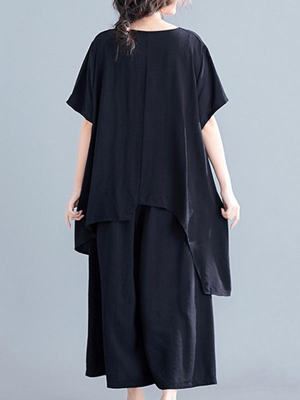 Two-Pieces Solid Pleated Cropped T-Shirt And Wide Leg Pants Suits