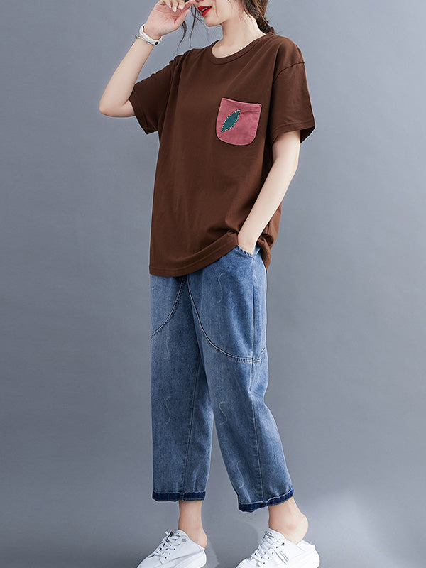 Loose Slim Pocket Patch Embroidered Casual T-Shirt
