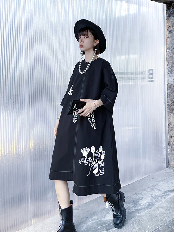 Irregular Printed Three-Quarter Sleeves Midi Dress