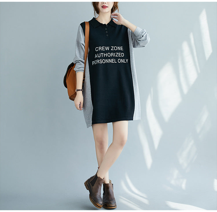 Women Letter Print Mid Length Knitted Sweater Dress