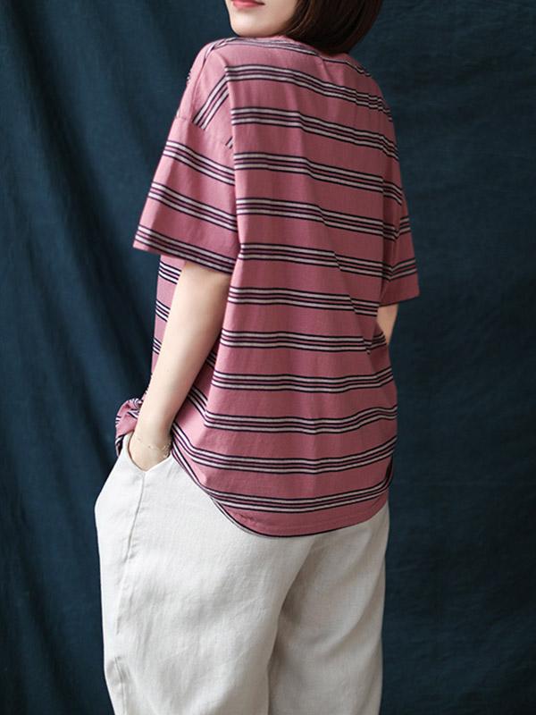 Loose Striped Round Neck Hollow T-Shirt