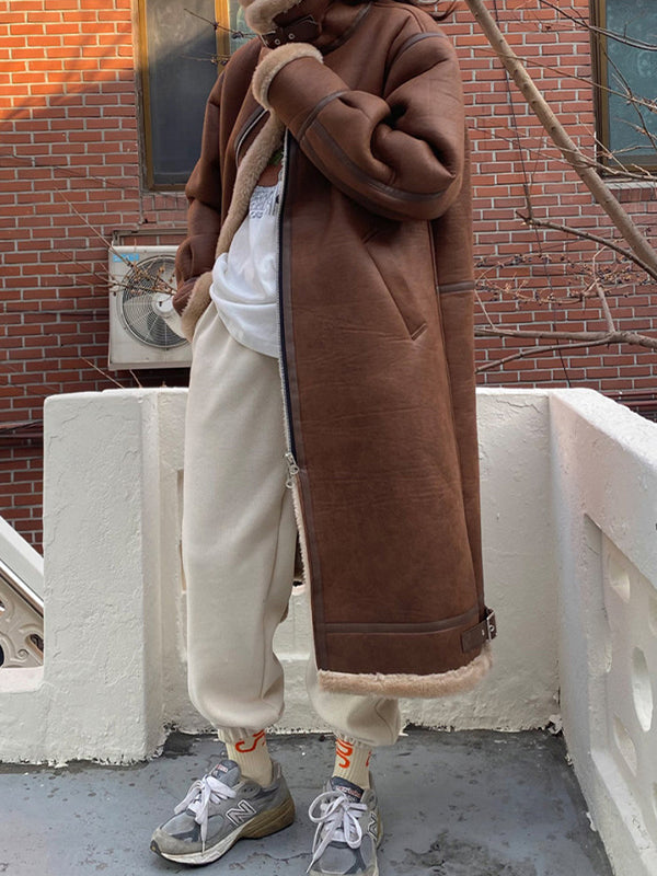 Retro Stand Collar Zipper Loose Long Casual Coat