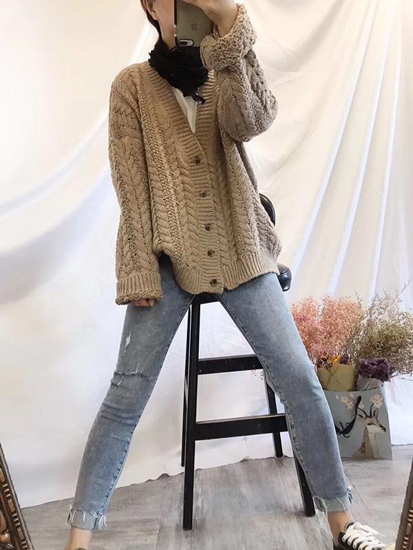 Knitting V-neck Solid Loose Cardigan Outwear