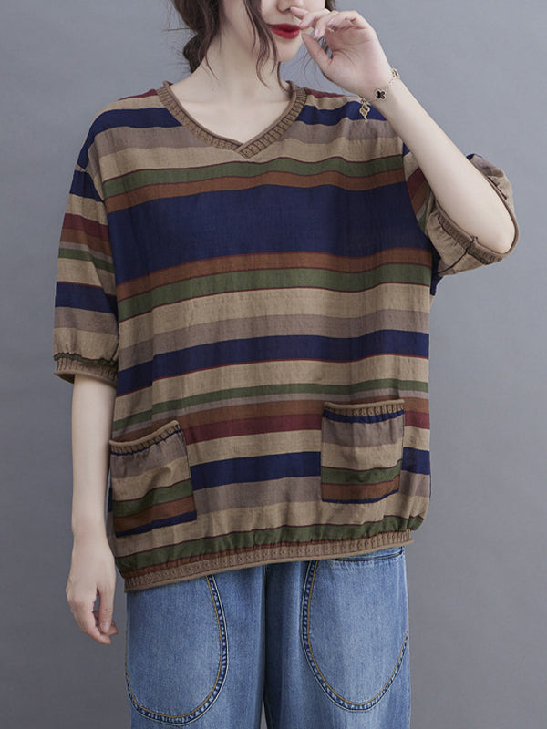 Retro V-Neck Color Block Striped Casual T-Shirt