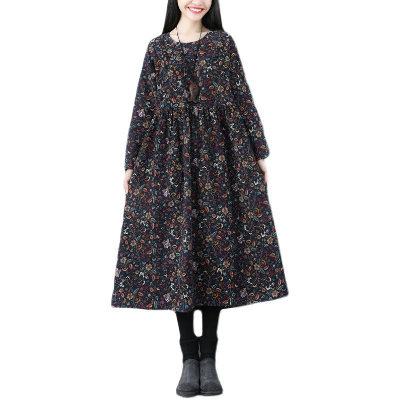 Retro Floral Loose Round Neck Midi Dress