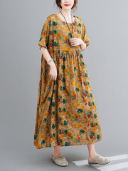 Artistic Retro Floral Round-Neck Dress