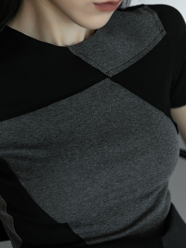Stylish Asymmetric Split-Joint Contrast Color Round-Neck Short Sleeves T-Shirt