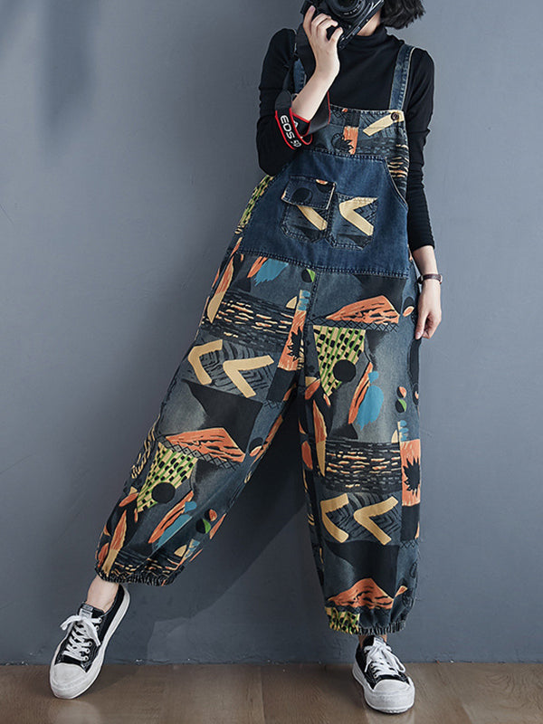 Women Printed Denim Back Wide Loose Casual Pants