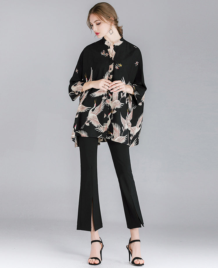 Crane Print Loose Oversized Shirt